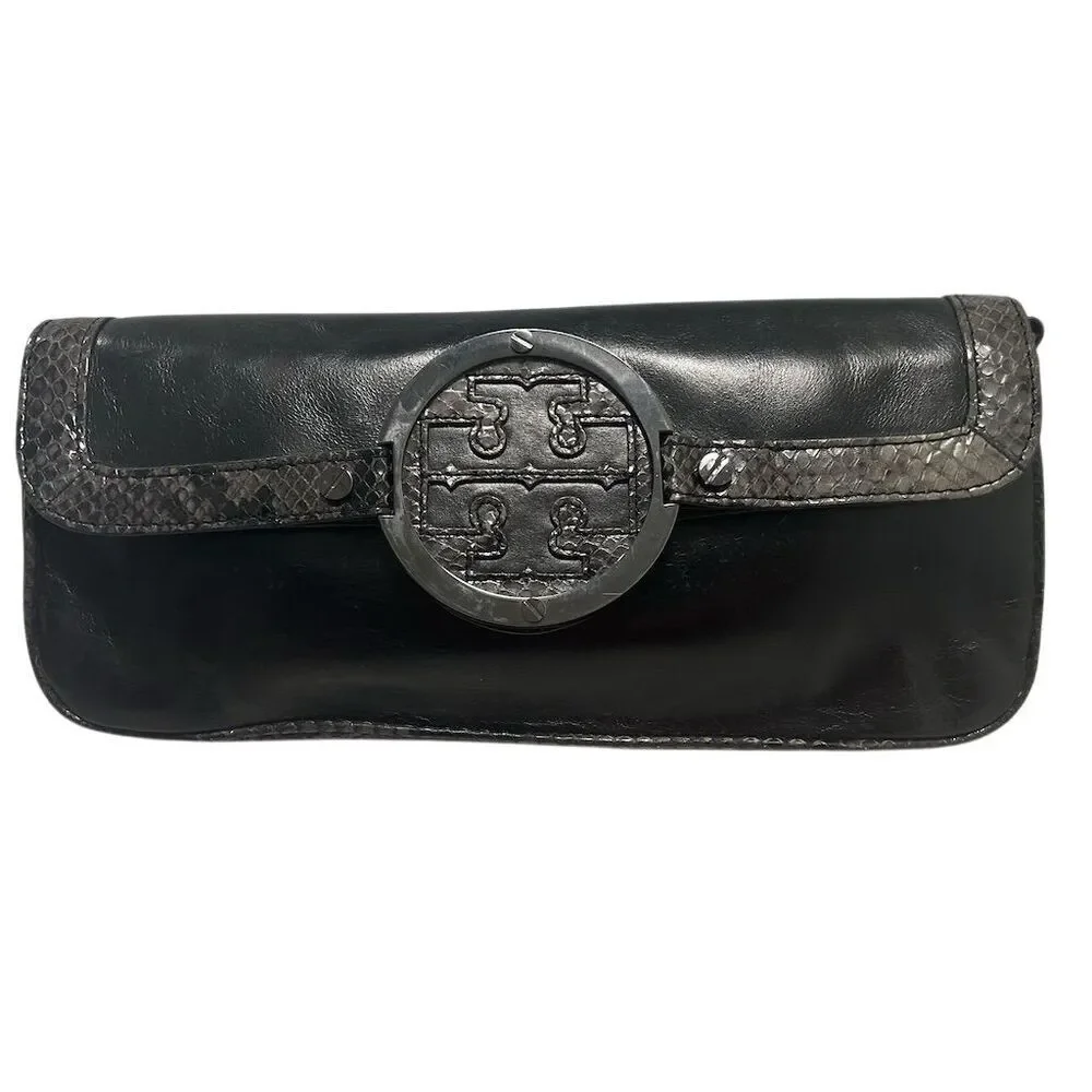 Tory Burch Women's Black Leather Clutch‎ with Snakeskin Trim
